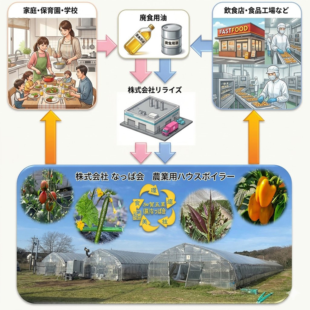 未来レシピ｜家庭・事業所の廃食用油を農業用ボイラー燃料へ再生利用する循環フロー図