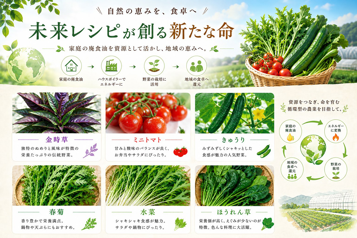 未来レシピ｜循環型農業で育てたブランド野菜（キュウリ・ミニトマト・金時草・水菜・春菊・ほうれん草）